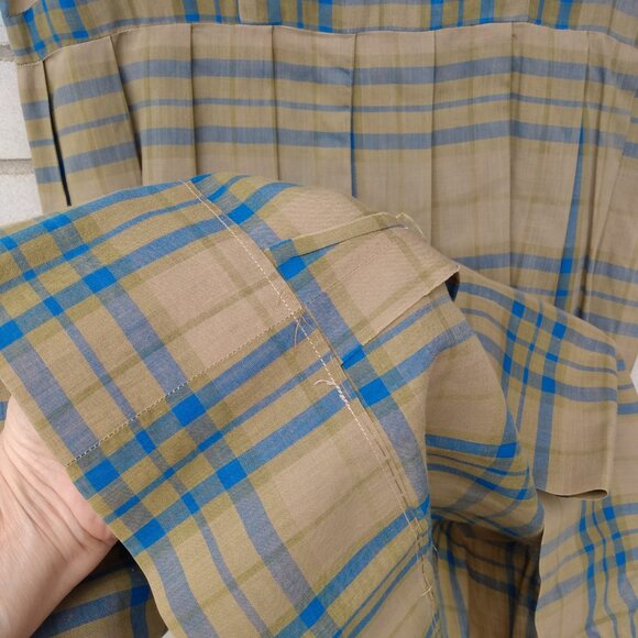 Vintage 50s Rockabilly Dress 41" Bust 33" Waist Khaki Blue Plaid Lightweight - Picture 6 of 12